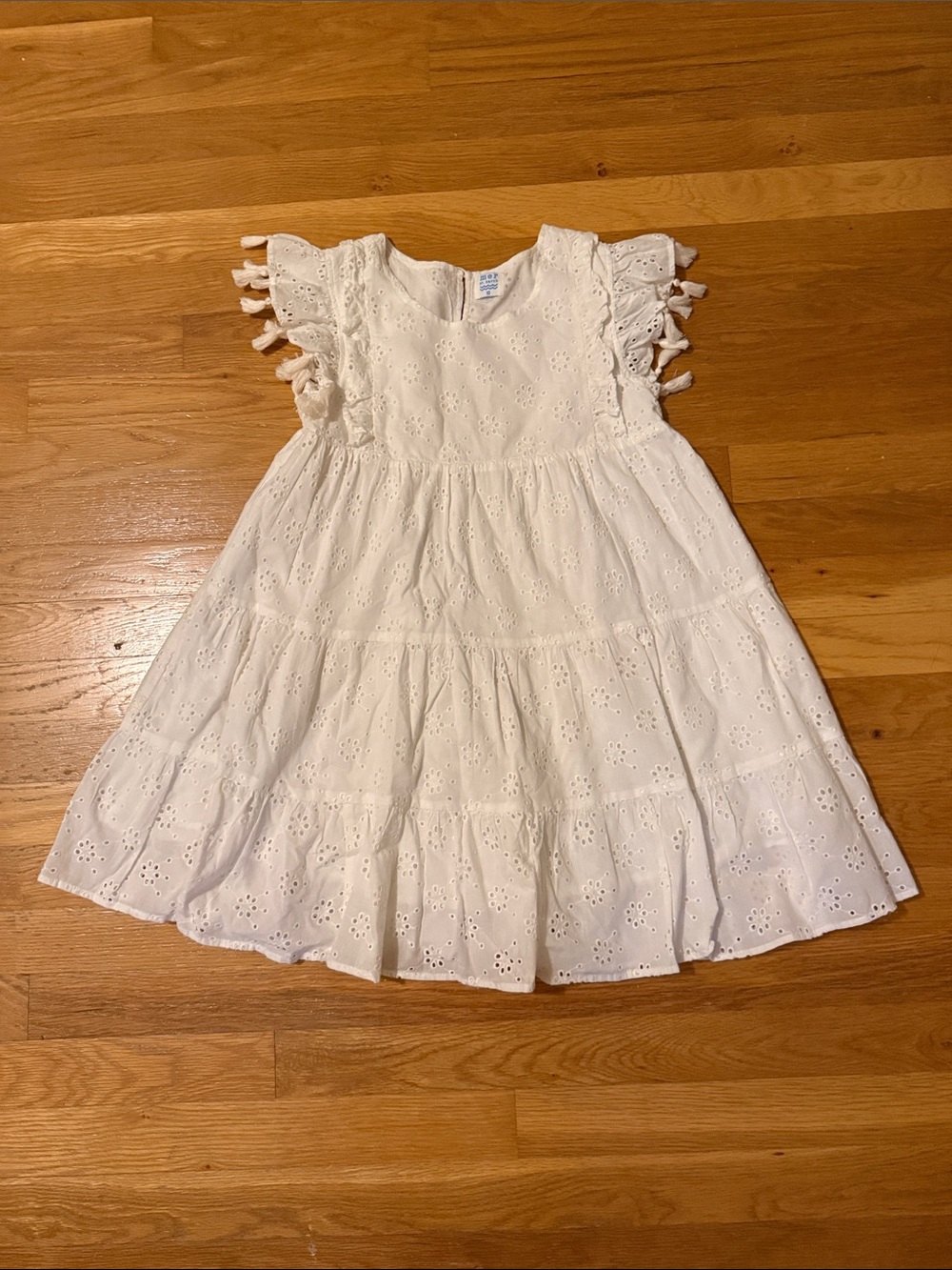 White Eyelet Tiered Kids Dress with Flutter Sleeves